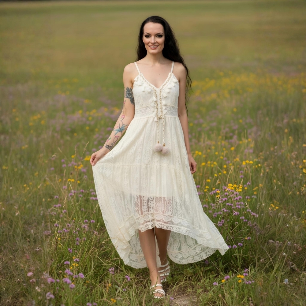 Amellia ✦ Ivory Lace Cottagecore Midi Dress ✦ High‑Low Hem Pom Trim Adjustable S